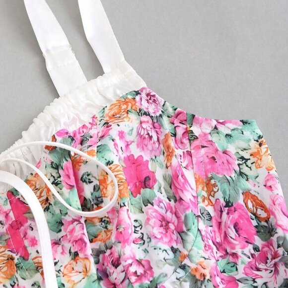 Pink Boho Women's Spaghetti Strap Ditsy Floral & Satin Patchwork Dress - Picture 5 of 7